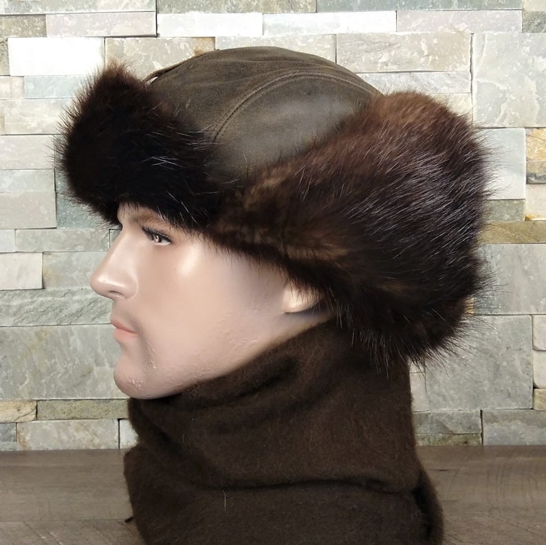 Fur Hat for Men, Real Beaver Fur Aviator Hat, Ushanka, Real Brown Leather, Recycled Beaver Fur, Simon Model, CA53 image 7