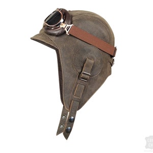 Aviator Hat, Leather Motorcycle Helmet, Pilot Cap, WW2 Military, aviation goggles, Old Brown Leather, Men/Women, Simon Model, CA02 Hat with goggles