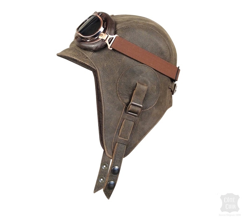 Aviator Hat, Leather Motorcycle Helmet, Pilot Cap, WW2 Military, aviation goggles, Old Brown Leather, Men/Women, Simon Model, CA02 Hat with goggles