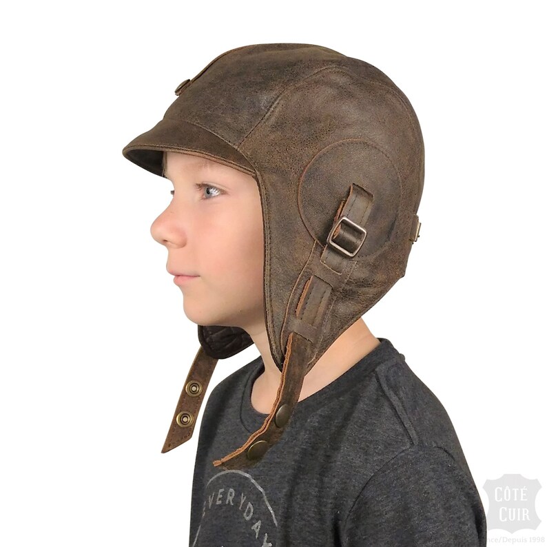 Kids Aviator Hat and Goggles, Pilot Helmet, Real Brown Leather, Steampunk Cap for Children, for boy and girl, Simon Model, CA2 Hat Only