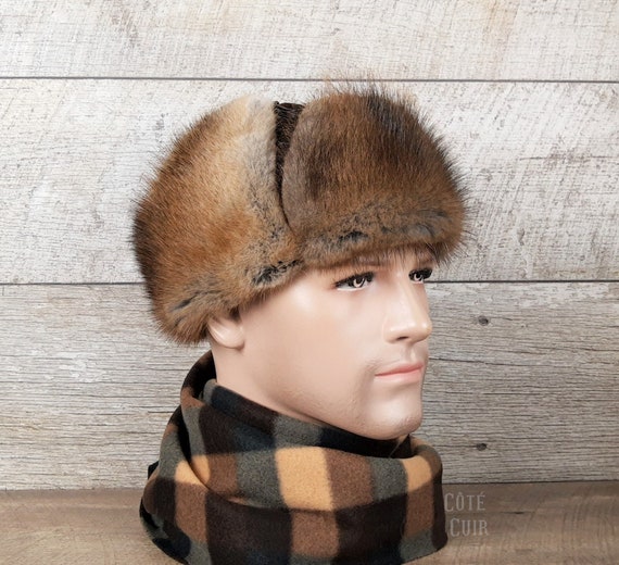Men's Muskrat Fur Hat Brown Leather Fur 