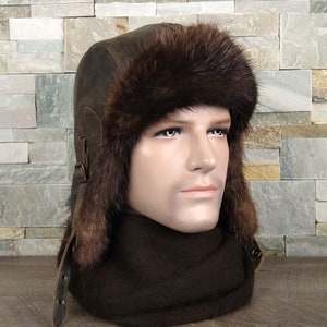 Fur Hat for Men, Real Beaver Fur Aviator Hat, Ushanka, Real Brown Leather, Recycled Beaver Fur, Simon Model, CA53 image 6