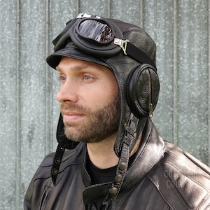 Leren pilotenmuts, pilotenhelm, cabriolet, steampunkhoed WO II, bril, echt zwart leer, heren/dames, William Model CA7