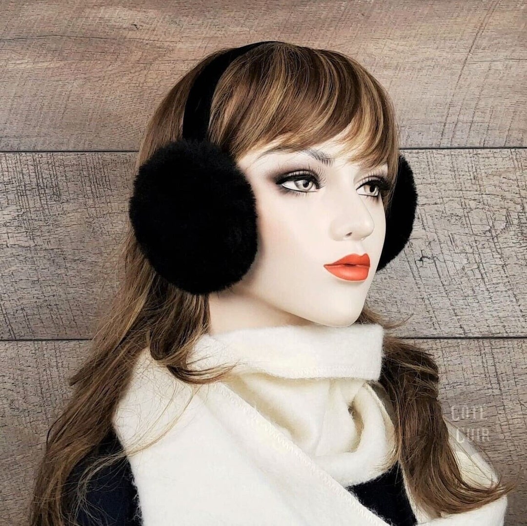 Black Shearling Earmuffs for Women, Real Fur Ear Warmer, Genuine