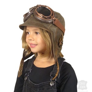 Kids Aviator Hat and Goggles, Pilot Helmet, Real Brown Leather, Steampunk Cap for Children, for boy and girl, Simon Model, CA2 Hat with Goggles A