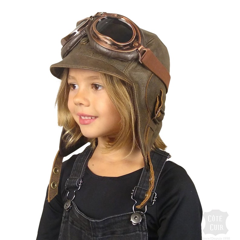 Kids Aviator Hat and Goggles, Pilot Helmet, Real Brown Leather, Steampunk Cap for Children, for boy and girl, Simon Model, CA2 Hat with Goggles A