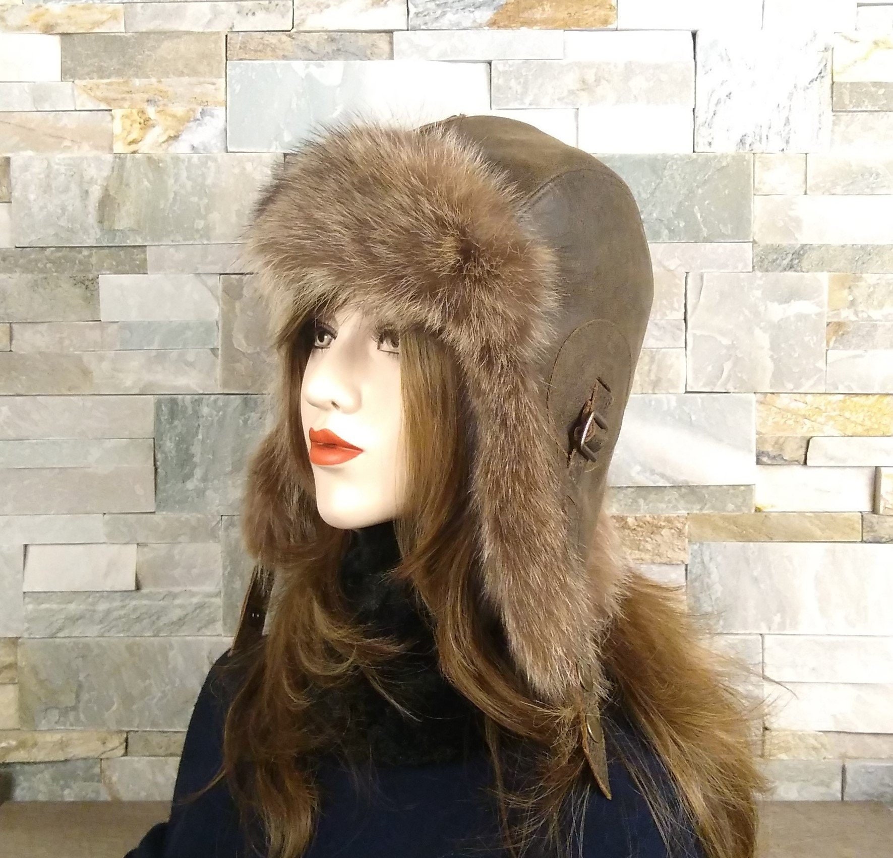 Ushanka women's fur aviator hat trapper/bomber cap real Etsy