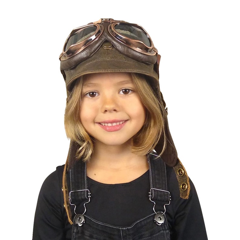 Kids Aviator Hat and Goggles, Pilot Helmet, Real Brown Leather, Steampunk Cap for Children, for boy and girl, Simon Model, CA2 image 4