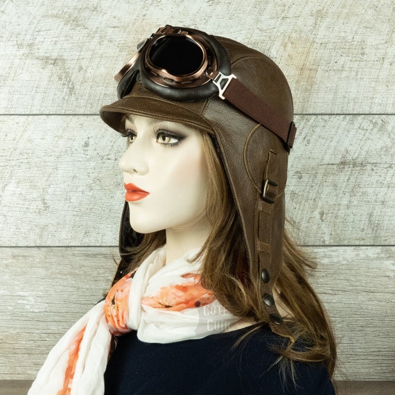 Chestnut Brown Leather Aviator Hat Pilot Style Helmet Convertible Driving Hat With Goggles Women Simon Model CA3 Etsy