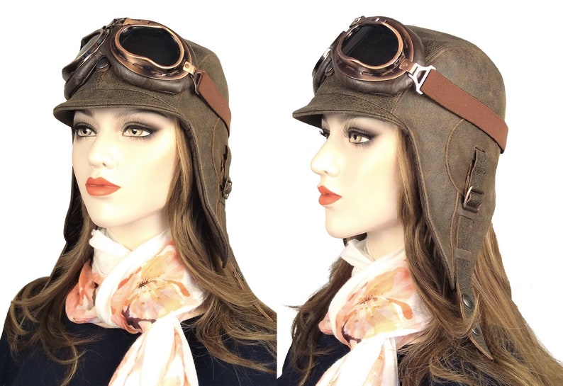 Aviator Hat and Goggles, Leather Pilot Helmet, Convertible Driving, Motorcycle, Flying Cap, Men/Women, Antique Leather, Simon Model, CA02 image 6