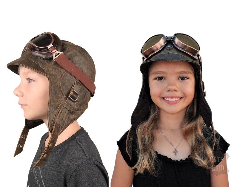 Kids Aviator Hat and Goggles, Pilot Helmet, Real Brown Leather, Steampunk Cap for Children, for boy and girl, Simon Model, CA2 image 1