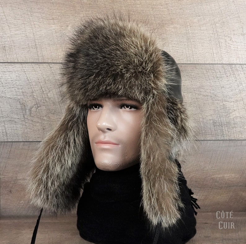 Fur Hat for Men Fur Trapper Hat with Black Leather and Etsy
