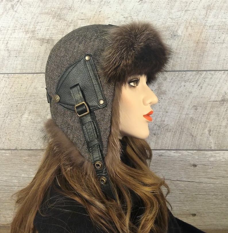 Women/'s Ushanka Hat fur Aviator Cap Tweed Recycled Raccoon Fur Antoine Model CA48