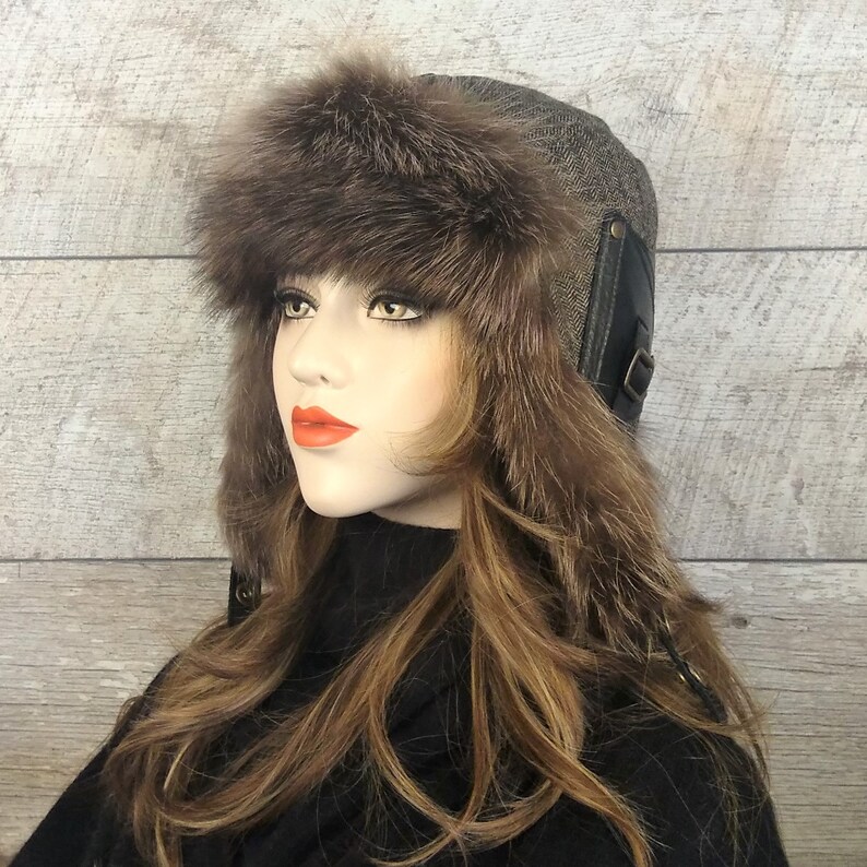 Women/'s Ushanka Hat fur Aviator Cap Tweed Recycled Raccoon Fur Antoine Model CA48