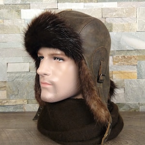 Bontmuts voor mannen, echte beverbont vliegerhoed, Ushanka, echt bruin leer, gerecycleerd beverbont, Simon Model, CA53 afbeelding 4