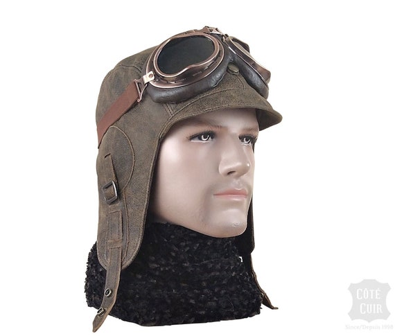 Handmade Aviator Hat Sheepskin Bomber Pilot Steampunk Hat Motorcycle helmet With Aviation Goggles 100/% Real Leather Aviator Helmet