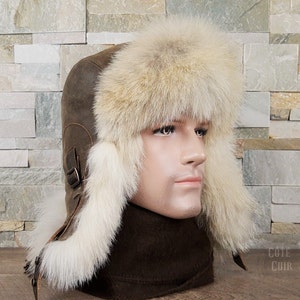 Herren Coyote Pelz Aviator Hut, Ushanka, aus echtem braunem Leder und recyceltem Coyote Pelz, Simon Model, CA55 Bild 4