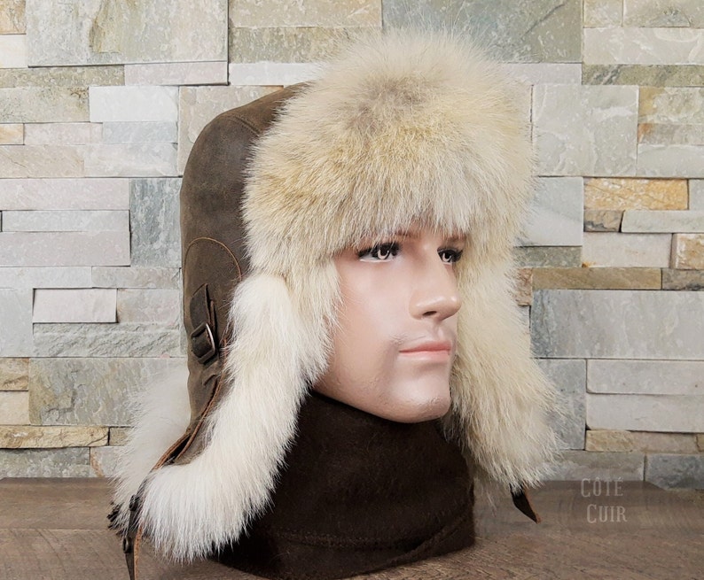 Herren Coyote Pelz Aviator Hut, Ushanka, aus echtem braunem Leder und recyceltem Coyote Pelz, Simon Model, CA55 Bild 4