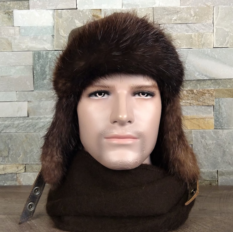 Bontmuts voor mannen, echte beverbont vliegerhoed, Ushanka, echt bruin leer, gerecycleerd beverbont, Simon Model, CA53 afbeelding 2