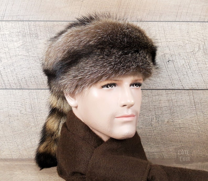 Chapeau Davy Crockett en fourrure de raton laveur avec queue véritable, chapeau Daniel Boone, vrai fourrure recyclée image 2