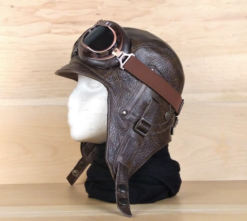 Chapeau Aviateur En Cuir Casque Cuir Moto Pilote Steampunk Etsy
