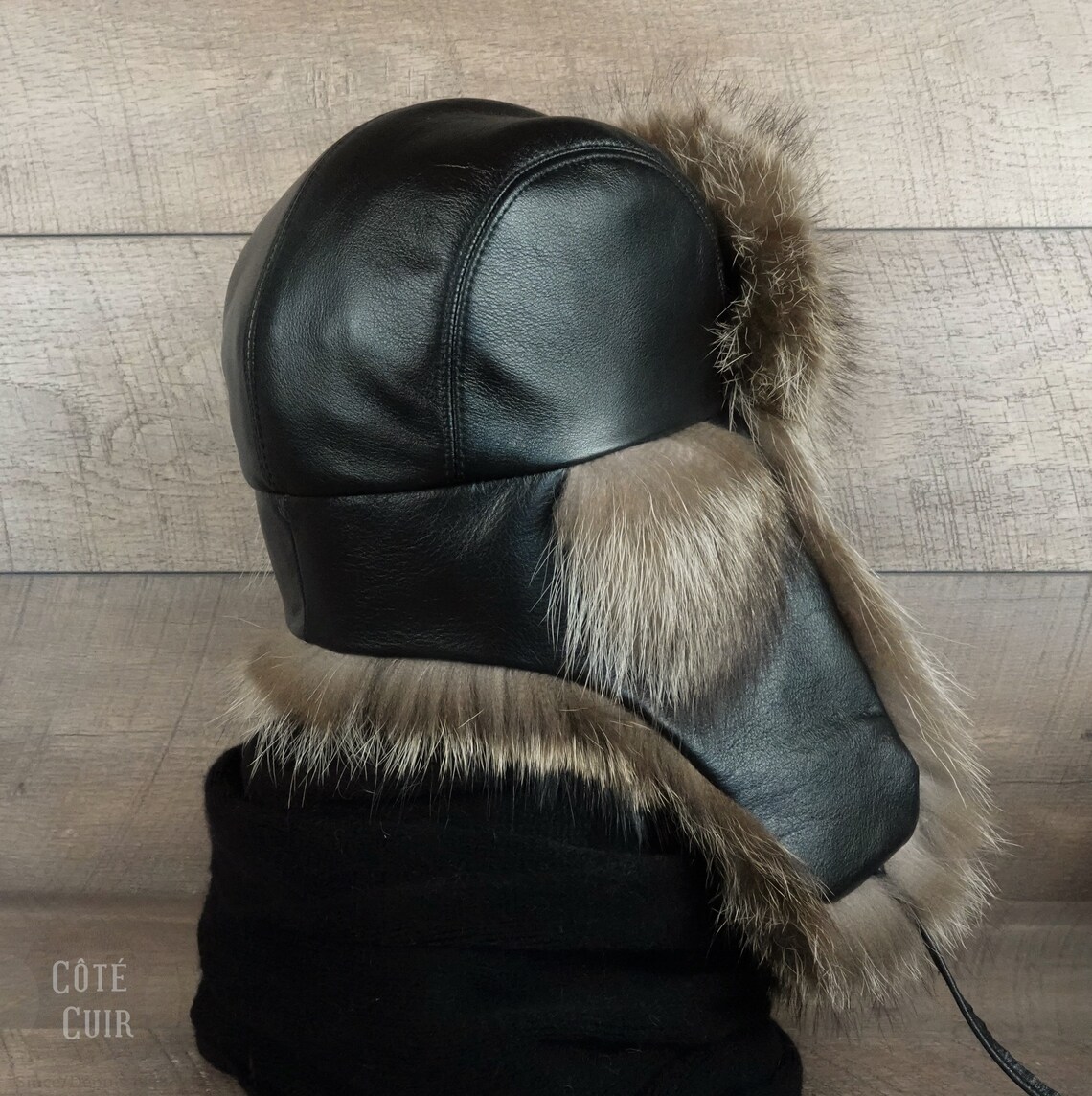 Men's Fur Trapper Hat with Black Leather and Recycled Etsy