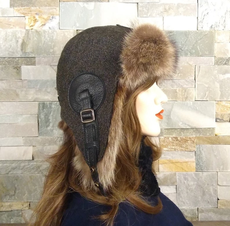Ushanka Women/'s fur trapper hat with Tweed English style recycled raccoon fur CA45 winter aviator cap