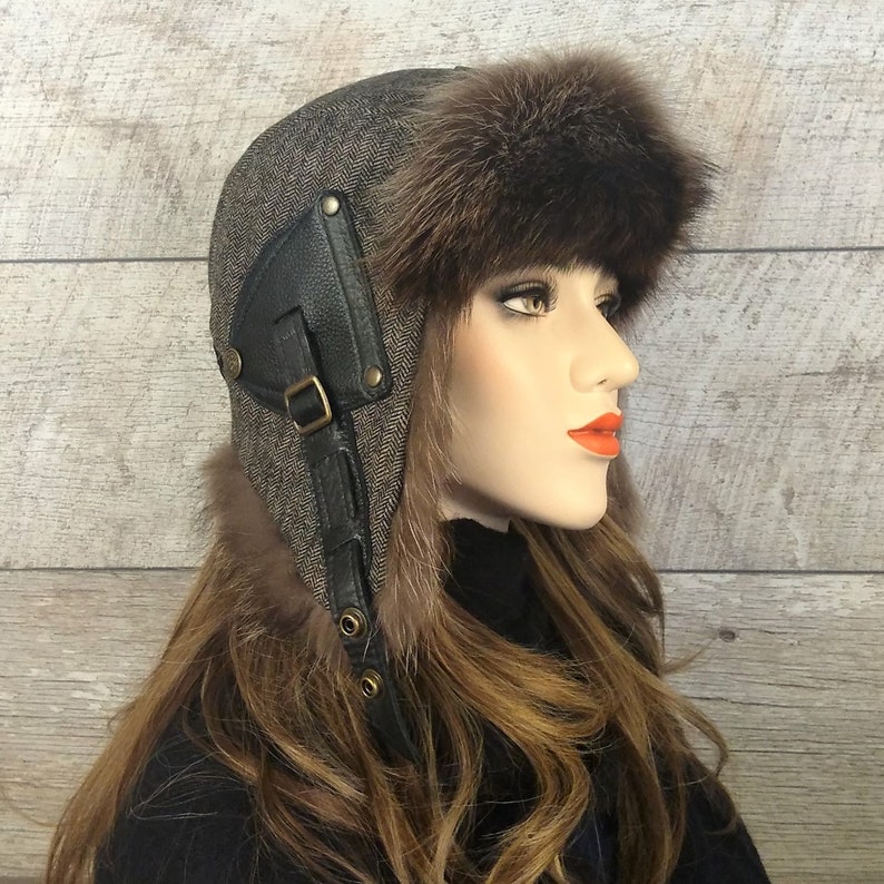 Women/'s Ushanka Hat fur Aviator Cap Tweed Recycled Raccoon Fur Antoine Model CA48