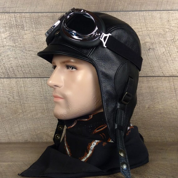 Black Leather Aviator Hat Motorcycle 