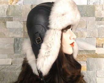 FOXファー帽子 Real Fox Fur Ushanka for Women, Fur Aviator Trapper Hat