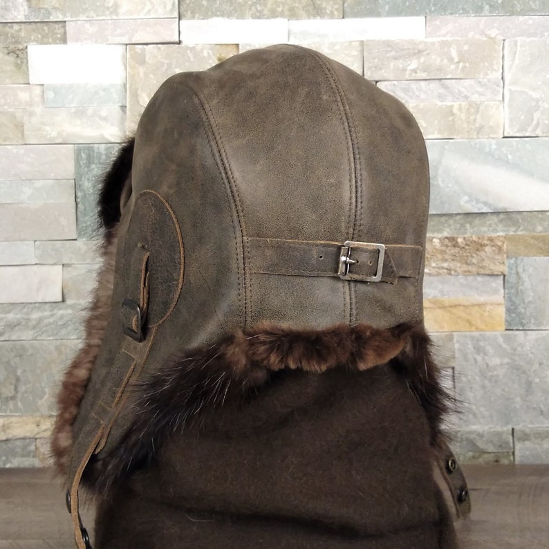 Fur Hat for Men, Real Beaver Fur Aviator Hat, Ushanka, Real Brown Leather, Recycled Beaver Fur, Simon Model, CA53 image 8