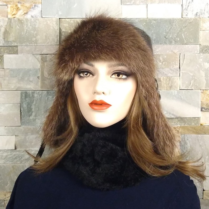 Ushanka Women/'s fur trapper hat with Tweed English style recycled raccoon fur CA45 winter aviator cap