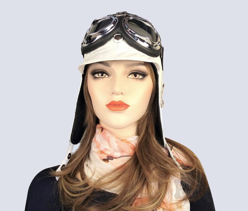 Women's White Leather Aviator Hat/cap Leather Pilot Etsy
