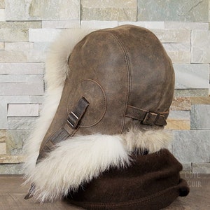 Herren Coyote Pelz Aviator Hut, Ushanka, aus echtem braunem Leder und recyceltem Coyote Pelz, Simon Model, CA55 Bild 8