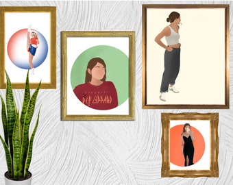 May include: Three framed illustrations of people. The first illustration is a person in a red and blue circle, the second illustration is a person with a red shirt and the text "PYROMANIA DEF LEPPARD", and the third illustration is a person in a black dress in a red circle.