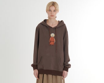 Dog Embroidery Unisex Cotton Zurry Hooded Sweatshirt_Brown