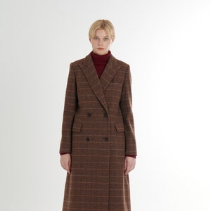 Classical Double-breasted Wool 100% Tweed Check Long Coat_Brown