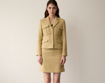 Tweed Suit_Wool Tweed Pocket Decoration Single Jacket & Skirt Suit_STRAW YELLOW