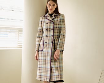 Combination Classical Check Pattern Italy Wool Blending Double-Breasted Long Coat