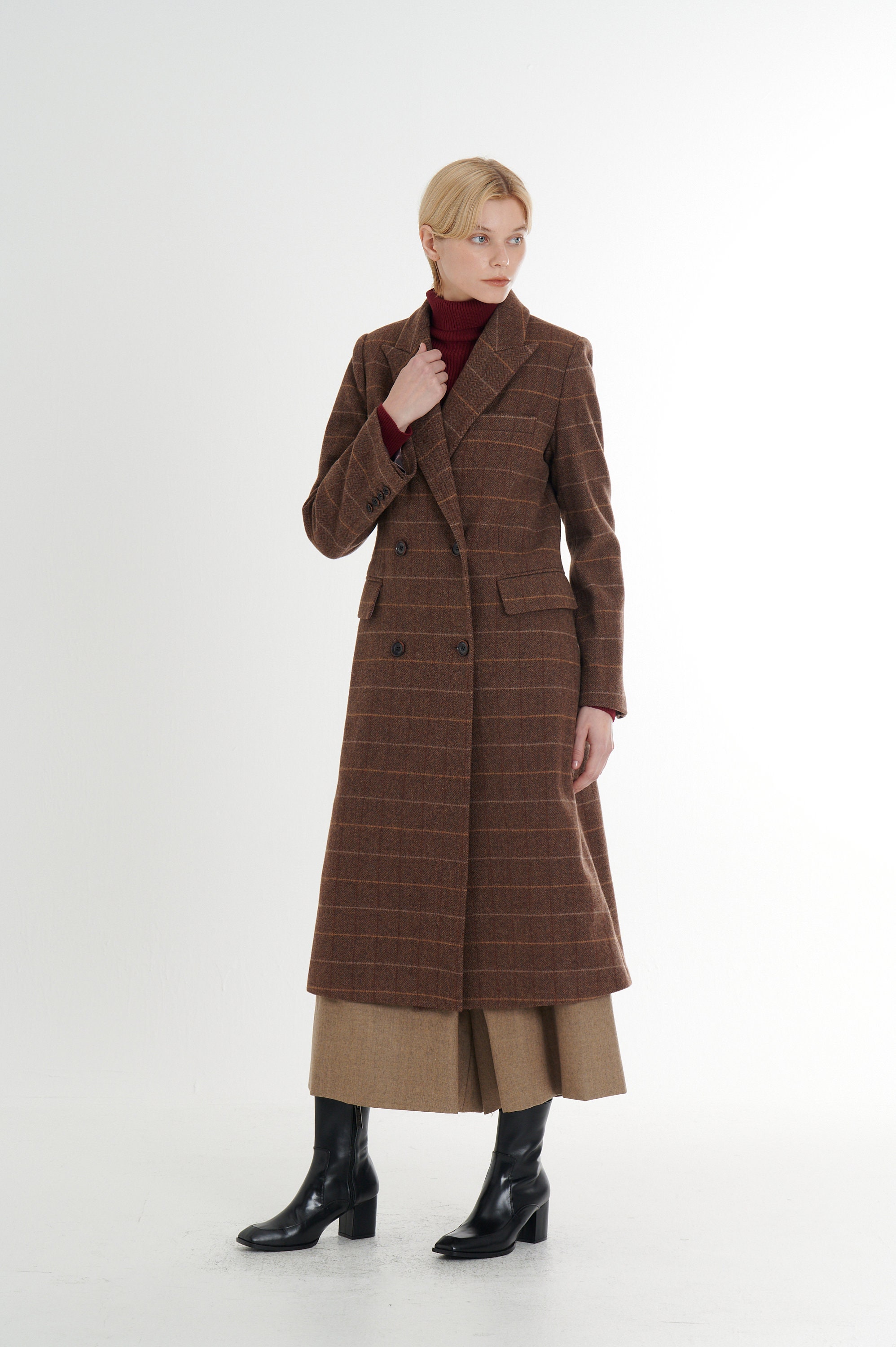 ブラウン系 ダブルブレスト ロングウールコート クラシックなダブルブレストウール100%ツイードチェックロングコート_