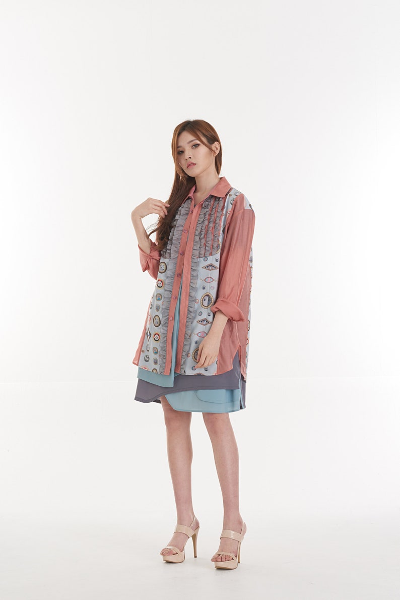 WOMEN /_PALE BLUE Unisex Frill Long Blouse Shirtdress