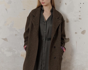 Shetland Wool Check Tweed Loose Fit Minimal Two Way Half Coat
