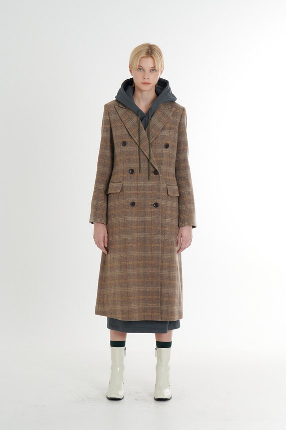 Classical Double-breasted Wool 100% Tweed Check Long Coat_beige - Etsy