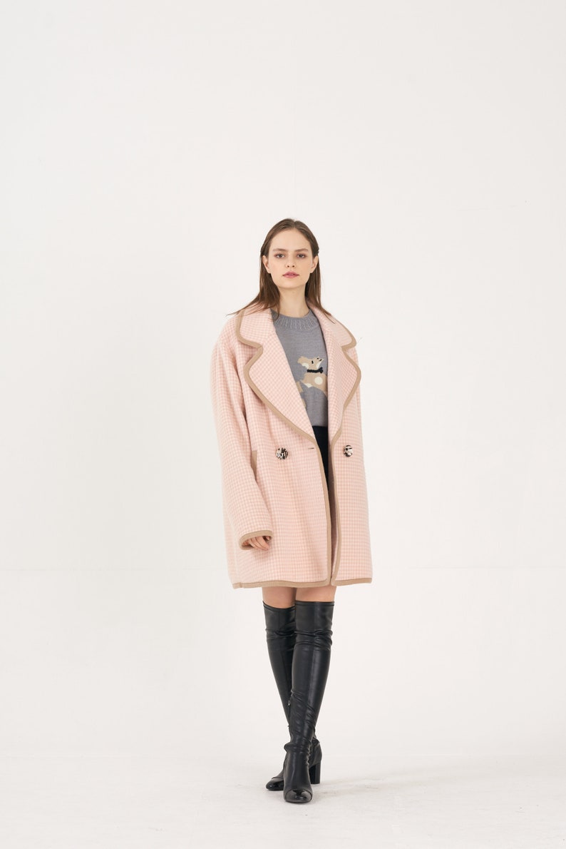 Unisex Houndstooth Alpaca Combi Oversize Coat_PINK image 4