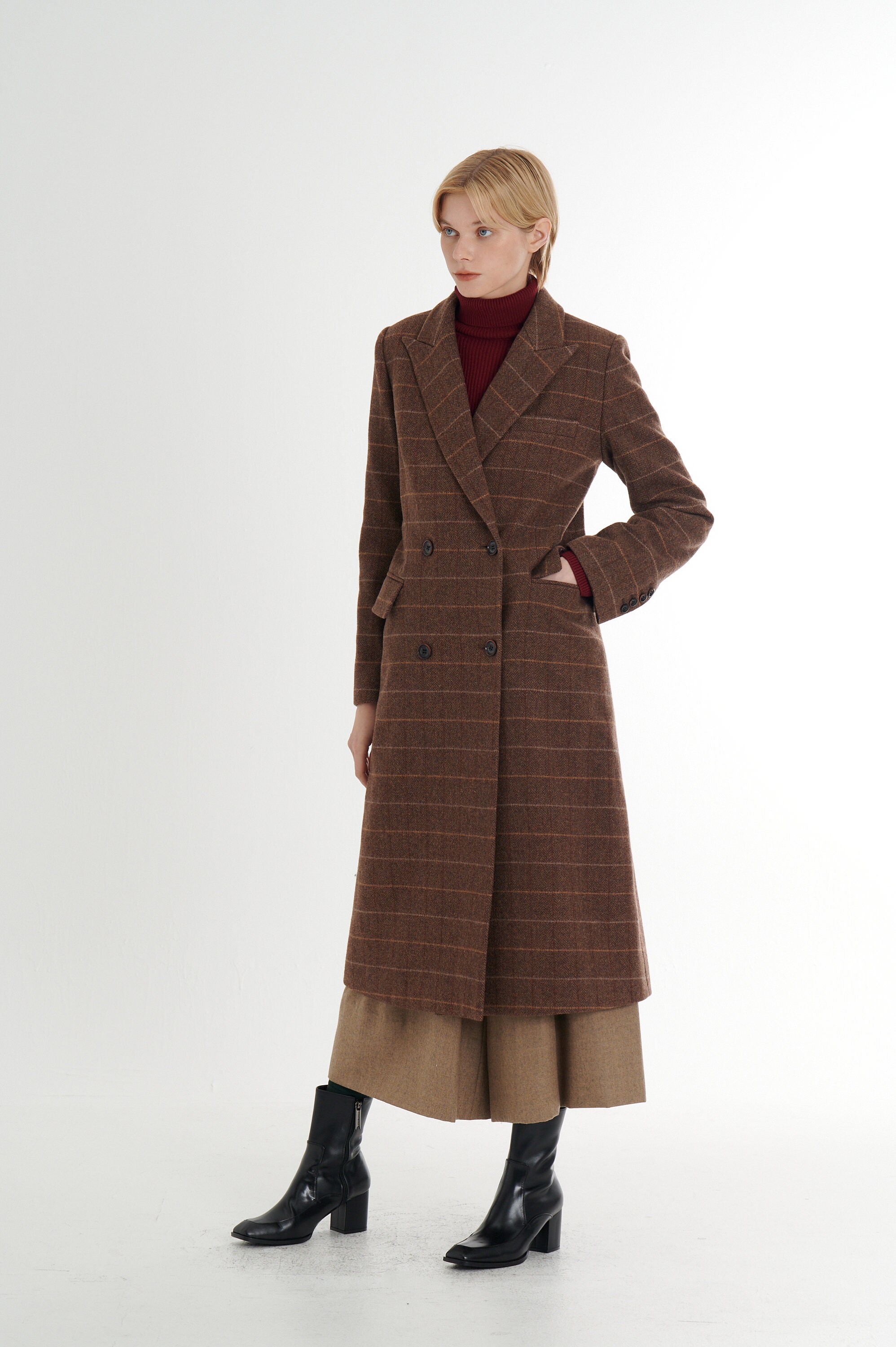 クラシックなダブルブレストウール100%ツイードチェックロングコート_