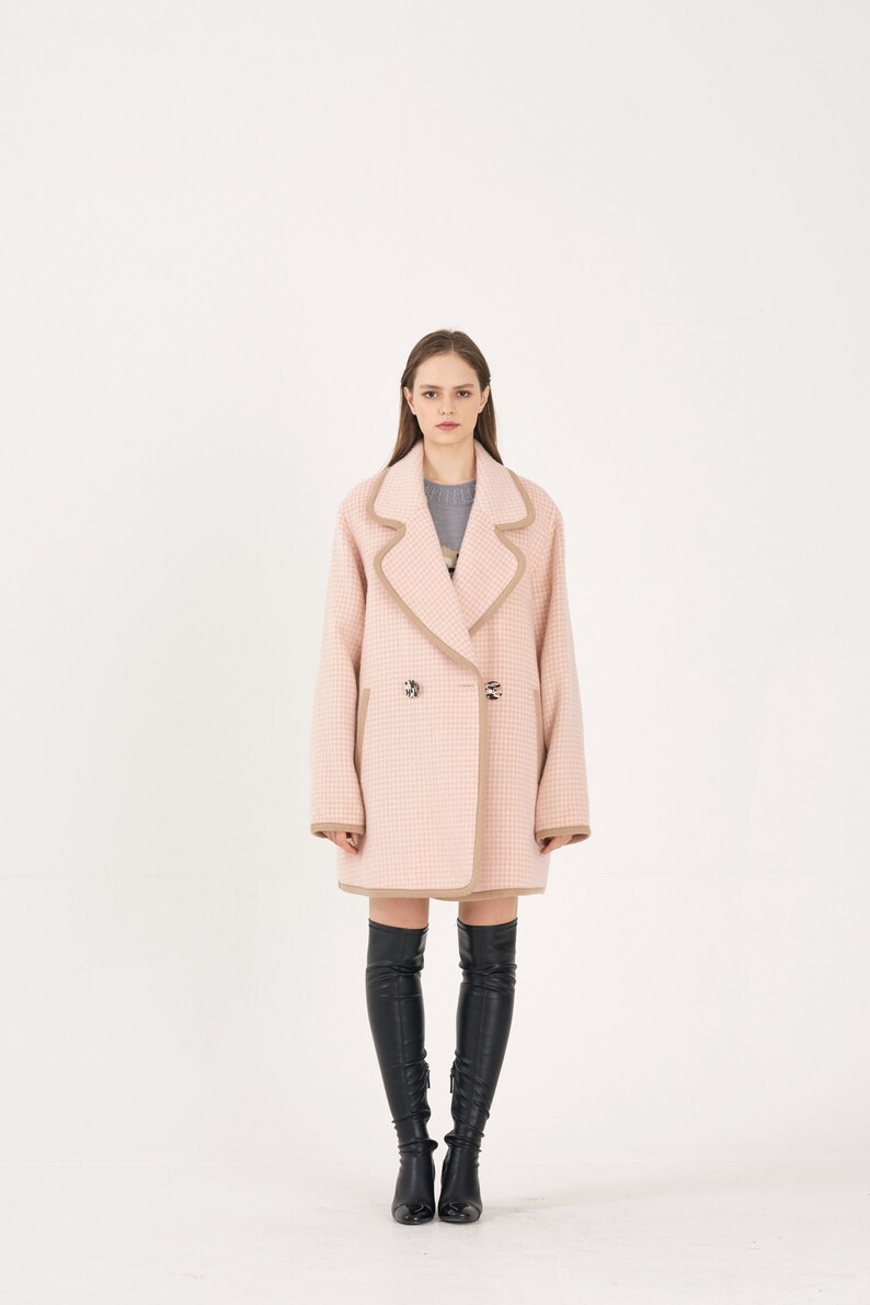 Unisex Houndstooth Alpaca Combi Oversize Coat_PINK image 1