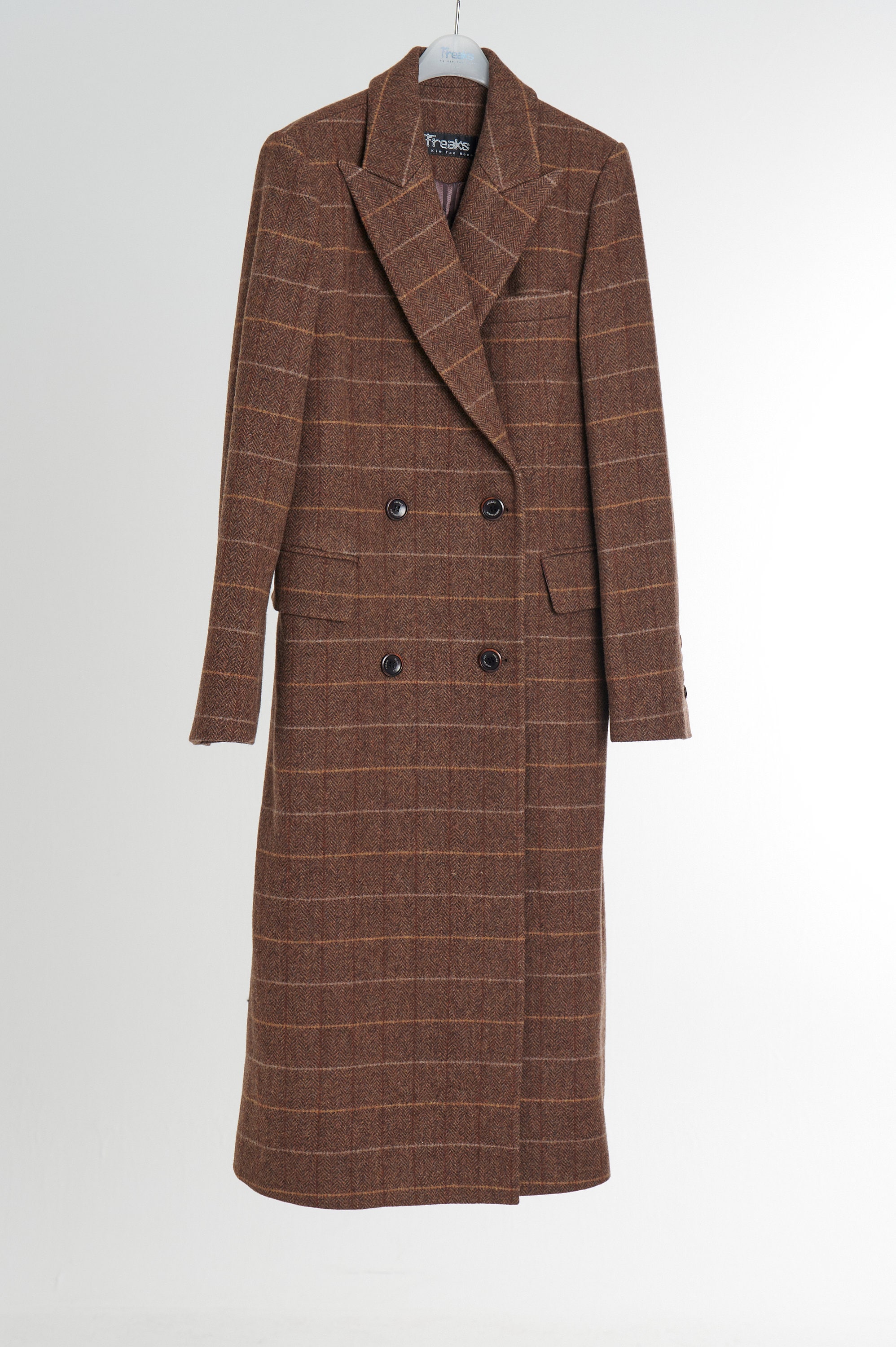 クラシックなダブルブレストウール100%ツイードチェックロングコート_