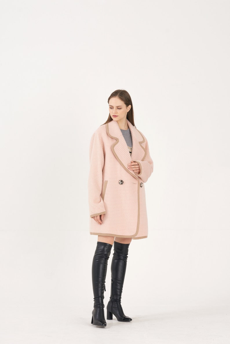 Unisex Houndstooth Alpaca Combi Oversize Coat_PINK image 3