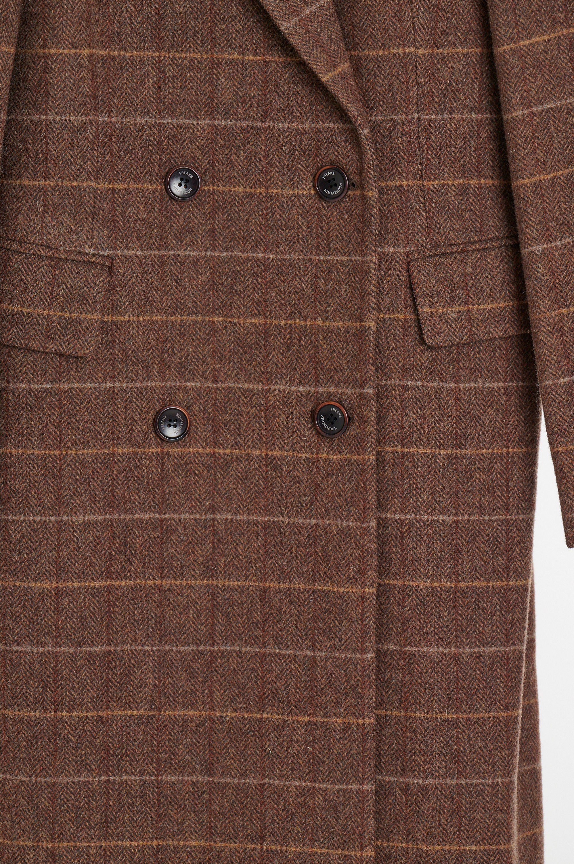 クラシックなダブルブレストウール100%ツイードチェックロングコート_