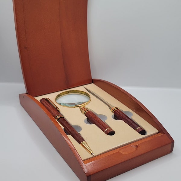 Vintage Desk Set. Magnifying Glass, Letter Opener and Pen Set.  Wood Display Case.